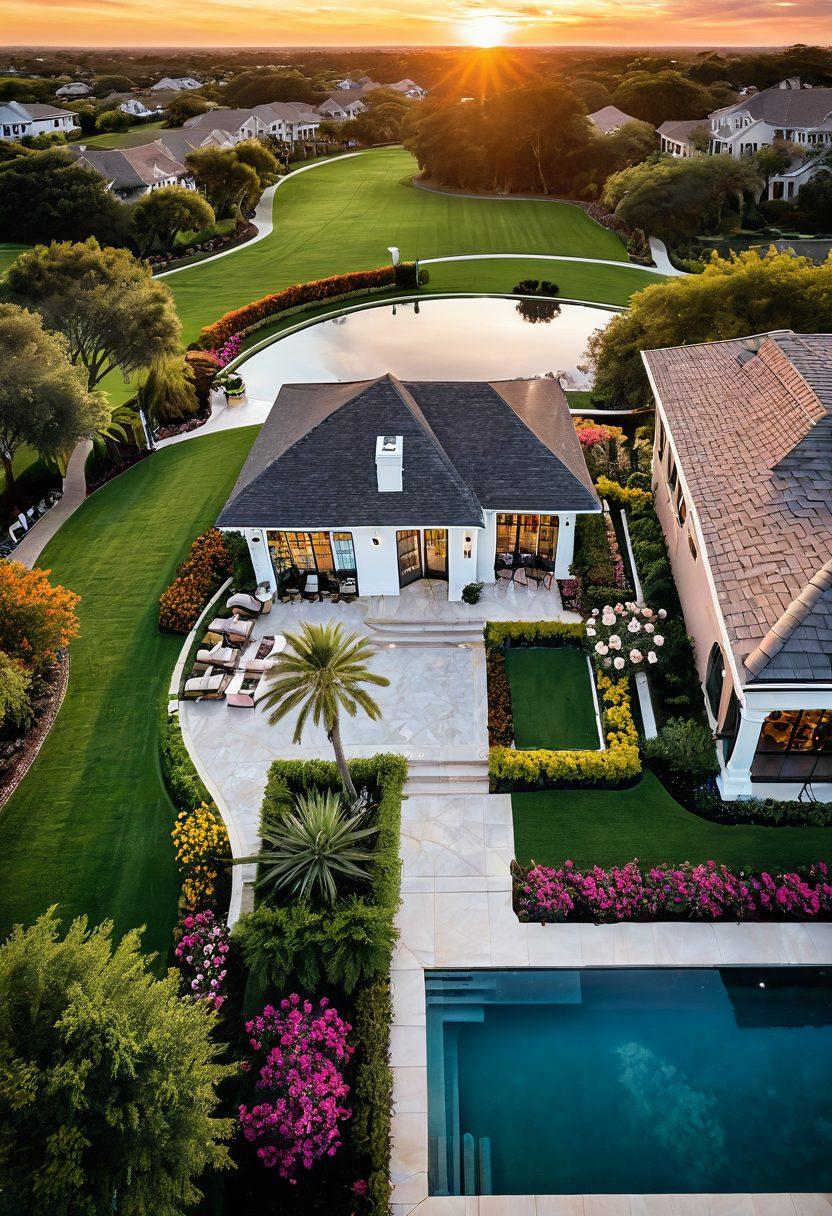 A stunning aerial view of Park Place Estates showcasing luxurious homes with manicured lawns and sparkling pools, complemented by lush greenery and vibrant flowers. Include a sunset sky with warm hues reflecting off the property. In the foreground, a couple enjoying a glass of wine on a terrace, exuding elegance and sophistication. super-realistic. vibrant colors. sunset ambiance.