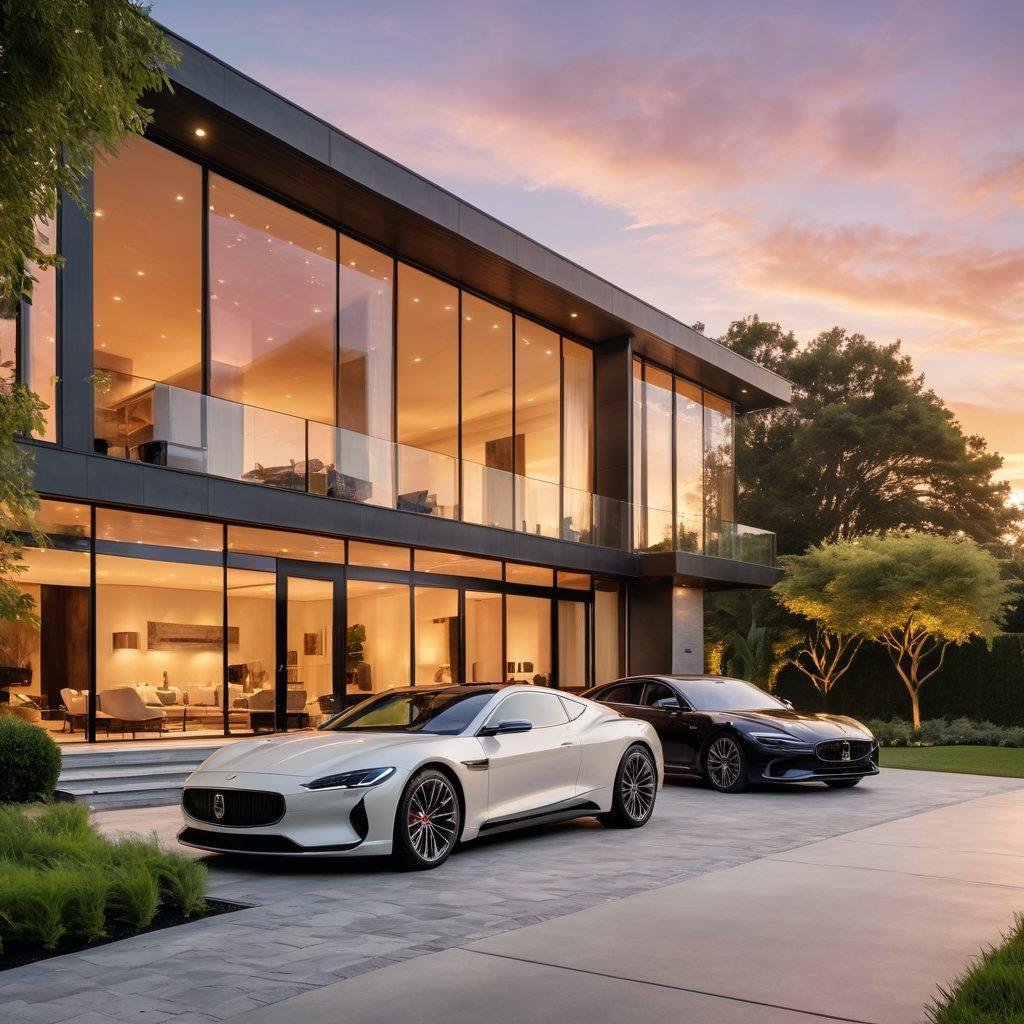 A sleek modern mansion with a stunning view overlooking a vibrant city skyline, surrounded by lush greenery and elegant landscaping. A couple reviewing blueprints and discussing features near a luxury car parked in the driveway, with a professional real estate agent pointing towards the house. Soft sunset lighting casting warm tones across the scene. super-realistic. vibrant colors.
