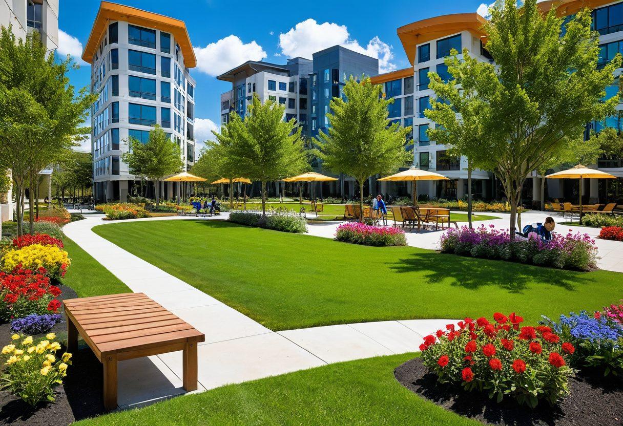 A vibrant community scene showcasing the amenities of Park Place Residences, featuring a lush green park with families enjoying a picnic, children playing in a playground, and well-designed walking paths. Include modern architecture of the residences in the background, with blooming flowers and benches. The sky is bright blue with fluffy white clouds, creating a welcoming atmosphere. super-realistic. vibrant colors. sunny day.
